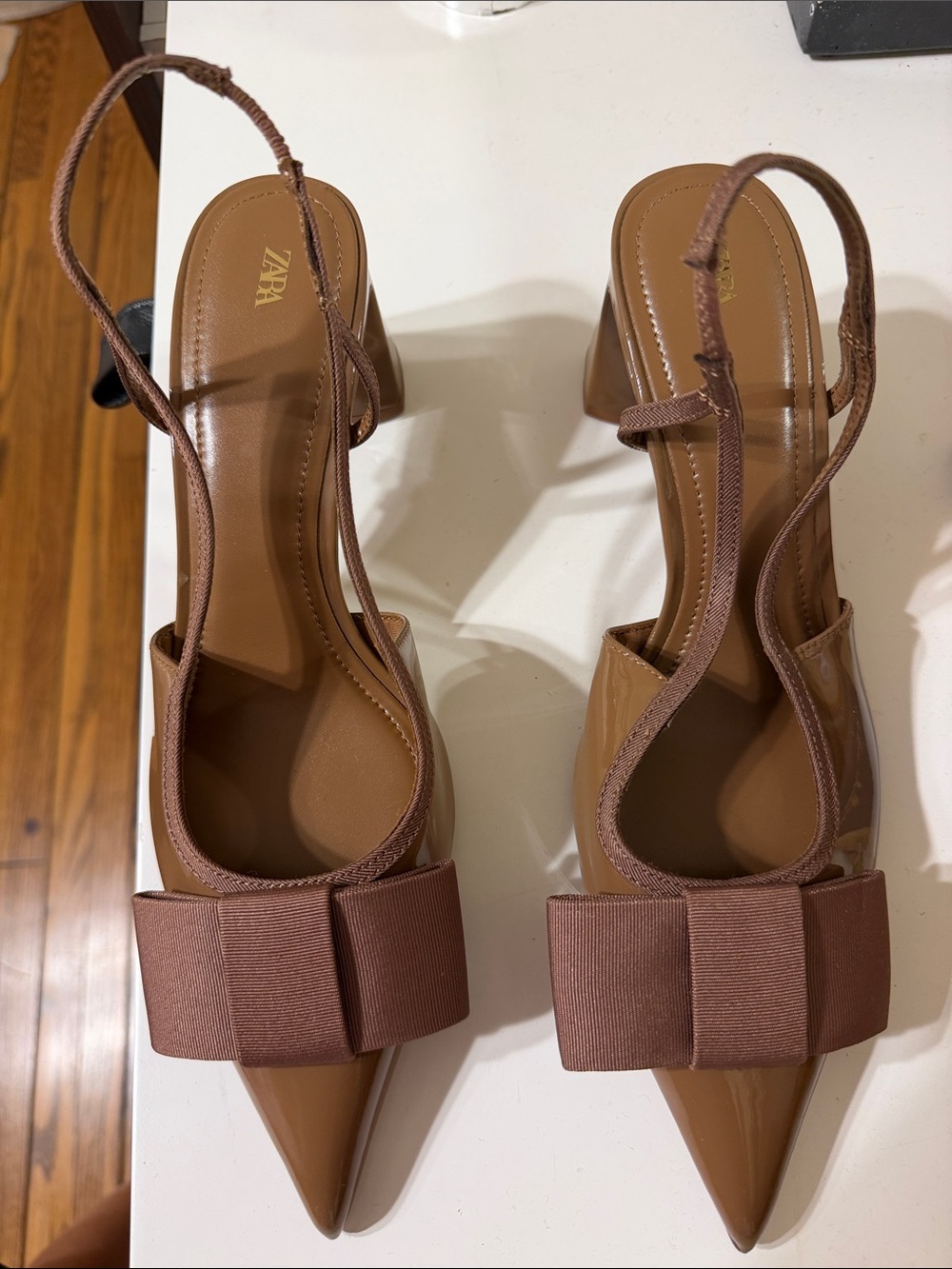 Zara Tan Pointed-Toe Slingback Heels with Front Bow